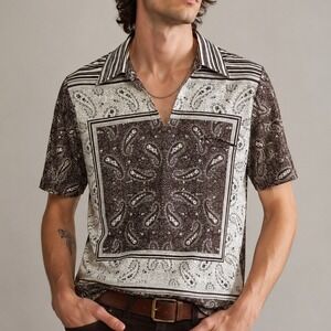 Vintage 70s Alan Stuart Bandana Paisley Polo Shirt Mens M Brown Disco Mod